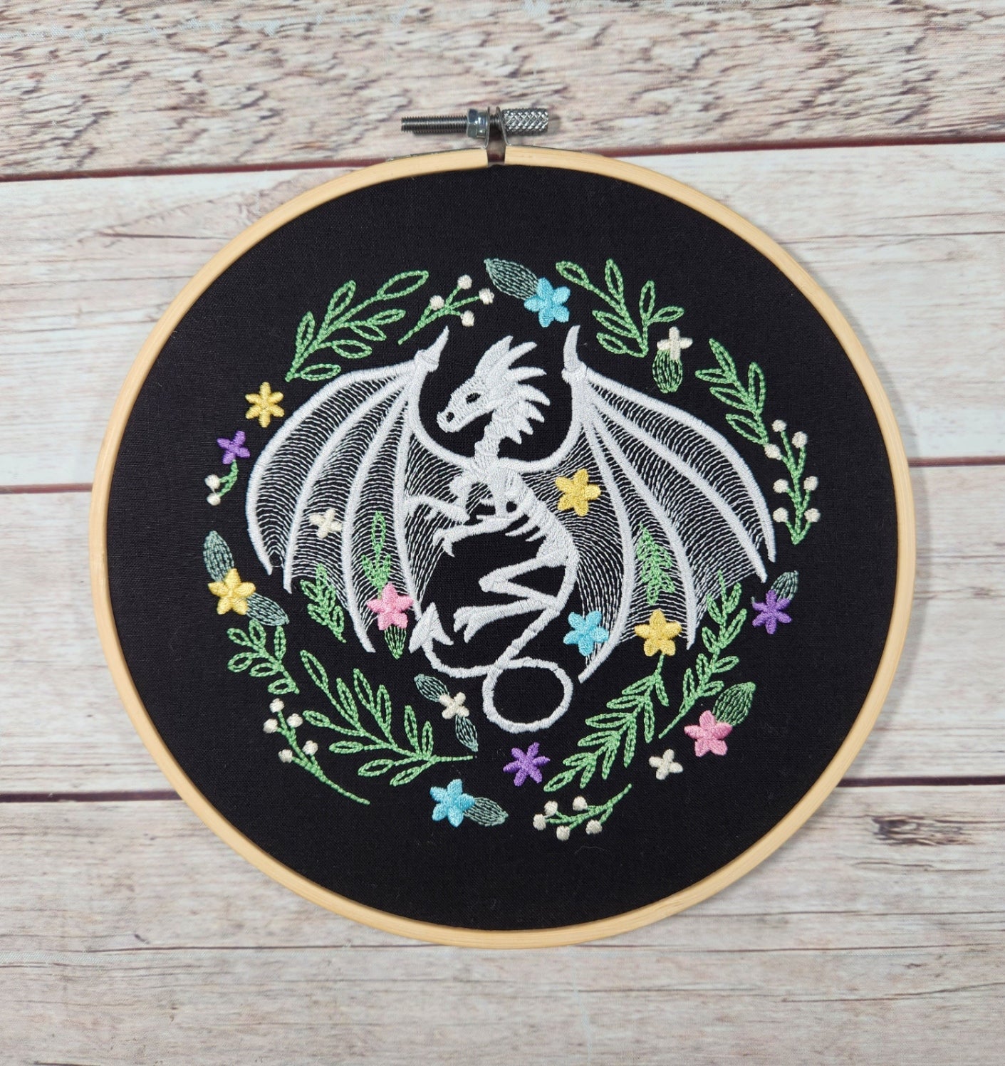 Finished Embroidery, 8 inch Hoop, Dragon Skeleton,  Halloween Wall Art, Halloween Hoop, Fall Decor, Spooky Wall Art, Pretty Halloween