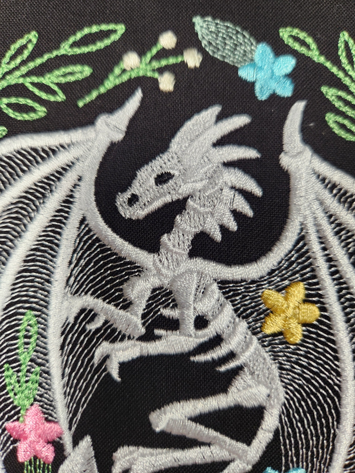 Finished Embroidery, 8 inch Hoop, Dragon Skeleton,  Halloween Wall Art, Halloween Hoop, Fall Decor, Spooky Wall Art, Pretty Halloween