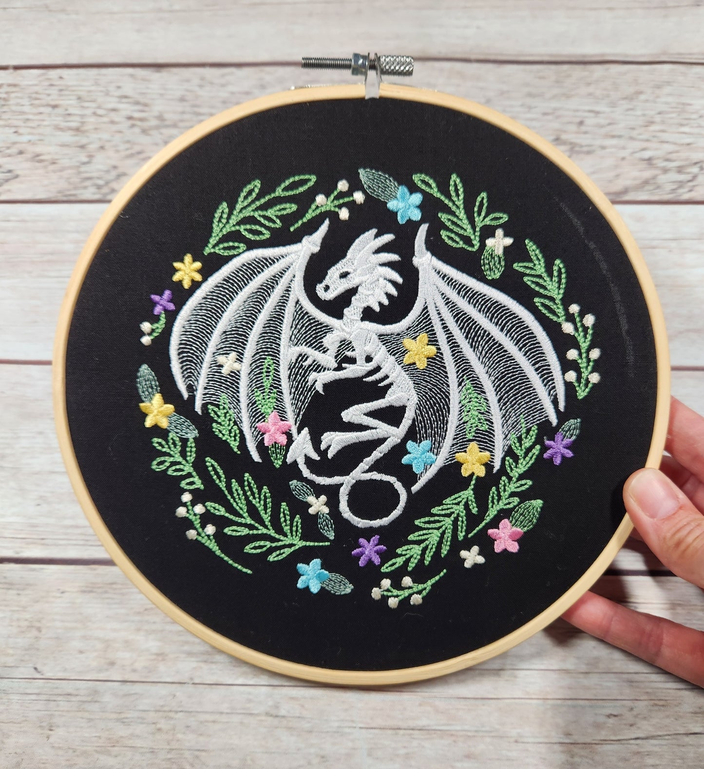 Finished Embroidery, 8 inch Hoop, Dragon Skeleton,  Halloween Wall Art, Halloween Hoop, Fall Decor, Spooky Wall Art, Pretty Halloween