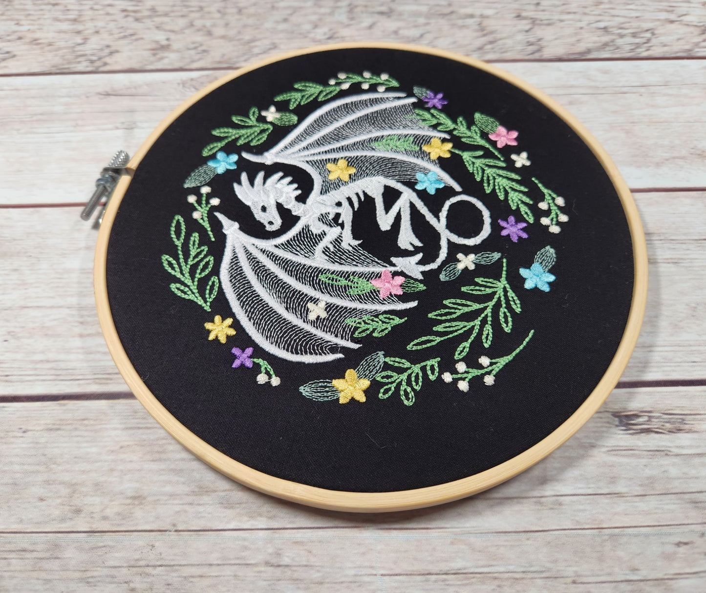 Finished Embroidery, 8 inch Hoop, Dragon Skeleton,  Halloween Wall Art, Halloween Hoop, Fall Decor, Spooky Wall Art, Pretty Halloween