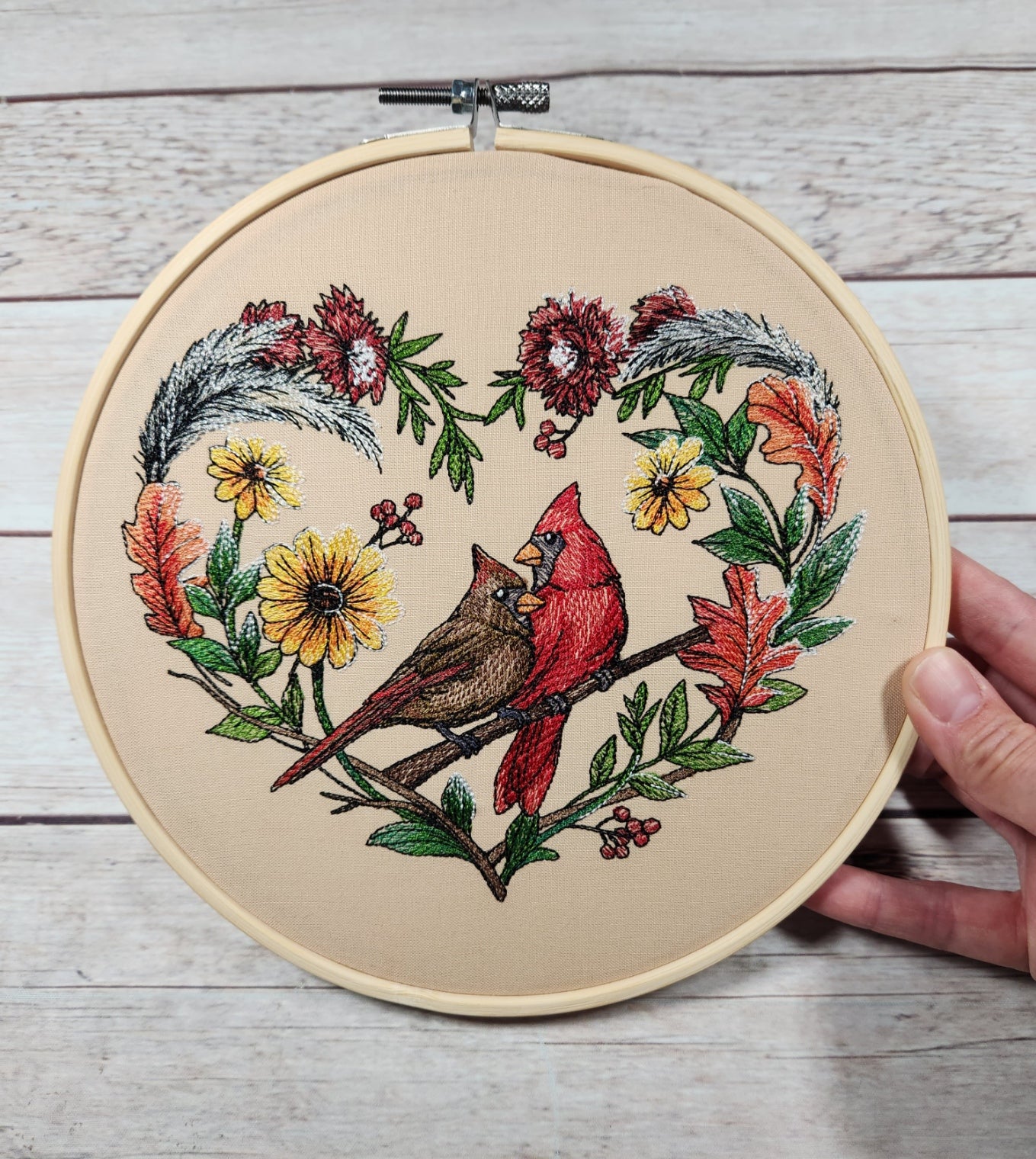 Fall Finished Embroidery, 8" Hoop, Fall Wall Decor, Cardinal Embroidery, Embroidered Wall Hoop Art, Gift for Friend