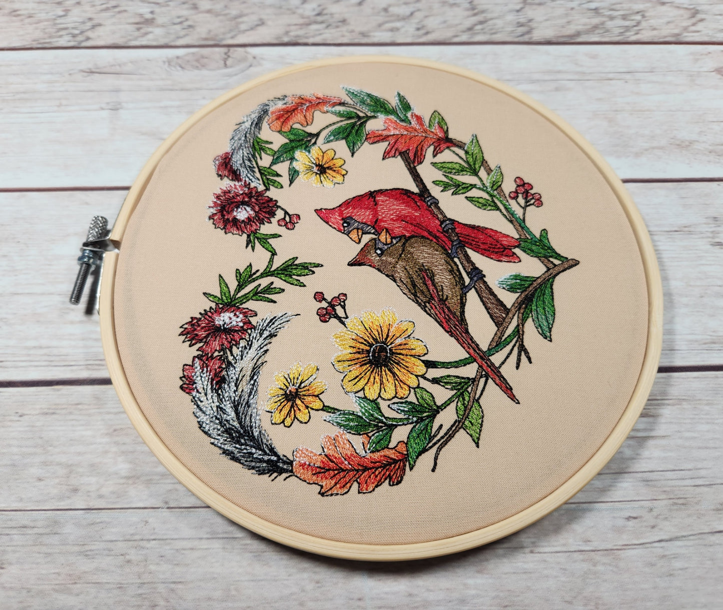 Fall Finished Embroidery, 8" Hoop, Fall Wall Decor, Cardinal Embroidery, Embroidered Wall Hoop Art, Gift for Friend