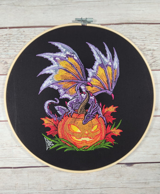 Finished Embroidery, Dragon Wall Decor, 10 inch hoop, Embroidered Halloween Wall Art, Dragon Embroidery