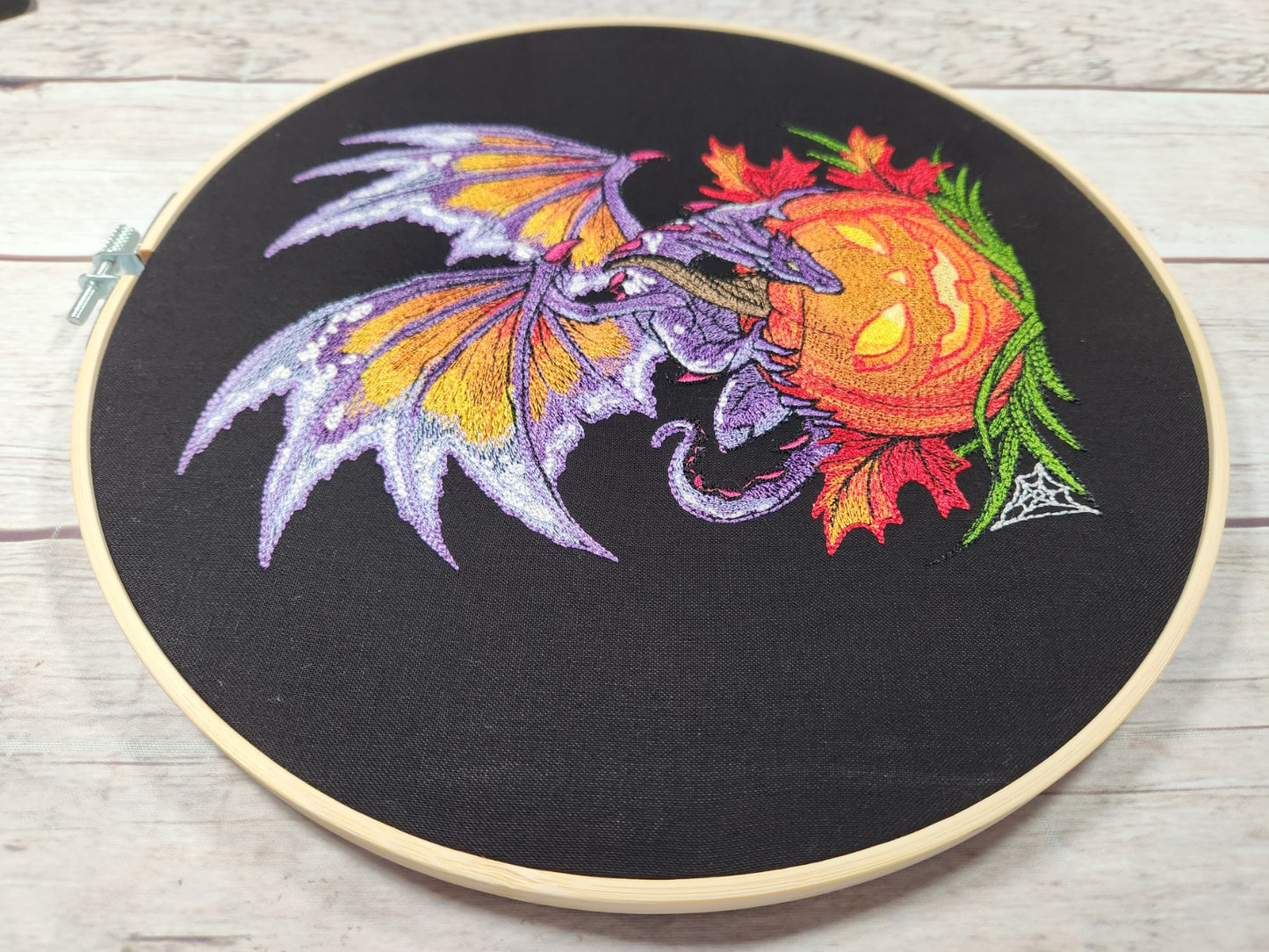 Finished Embroidery, Dragon Wall Decor, 10 inch hoop, Embroidered Halloween Wall Art, Dragon Embroidery