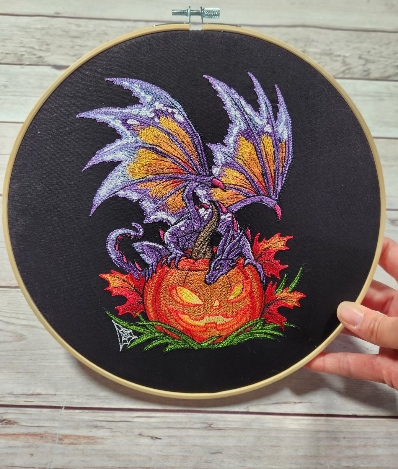 Finished Embroidery, Dragon Wall Decor, 10 inch hoop, Embroidered Halloween Wall Art, Dragon Embroidery