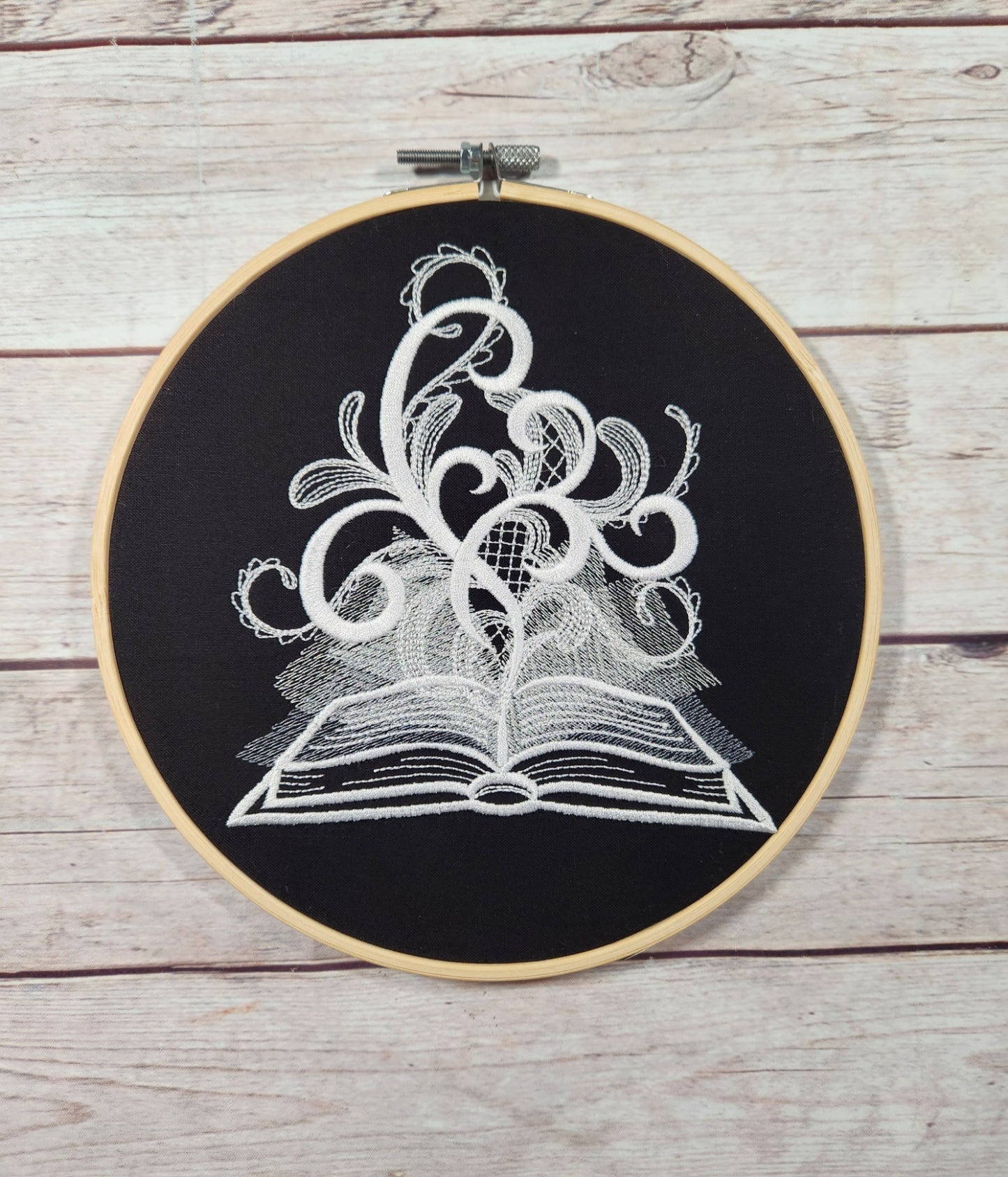 Finished Embroidery, 8 inch Hoop, Spooky Book Hoop,  Halloween Wall Art, Halloween Hoop, Fall Decor, Spooky Wall Art