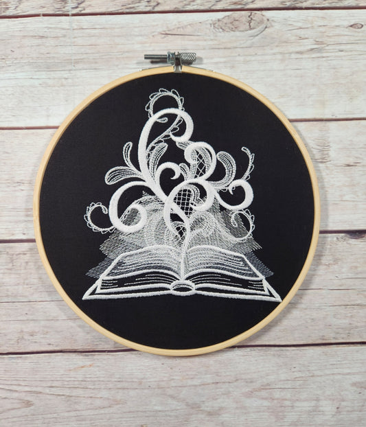 Finished Embroidery, 8 inch Hoop, Spooky Book Hoop, Halloween Wall Art, Halloween Hoop, Fall Decor, Spooky Wall Art