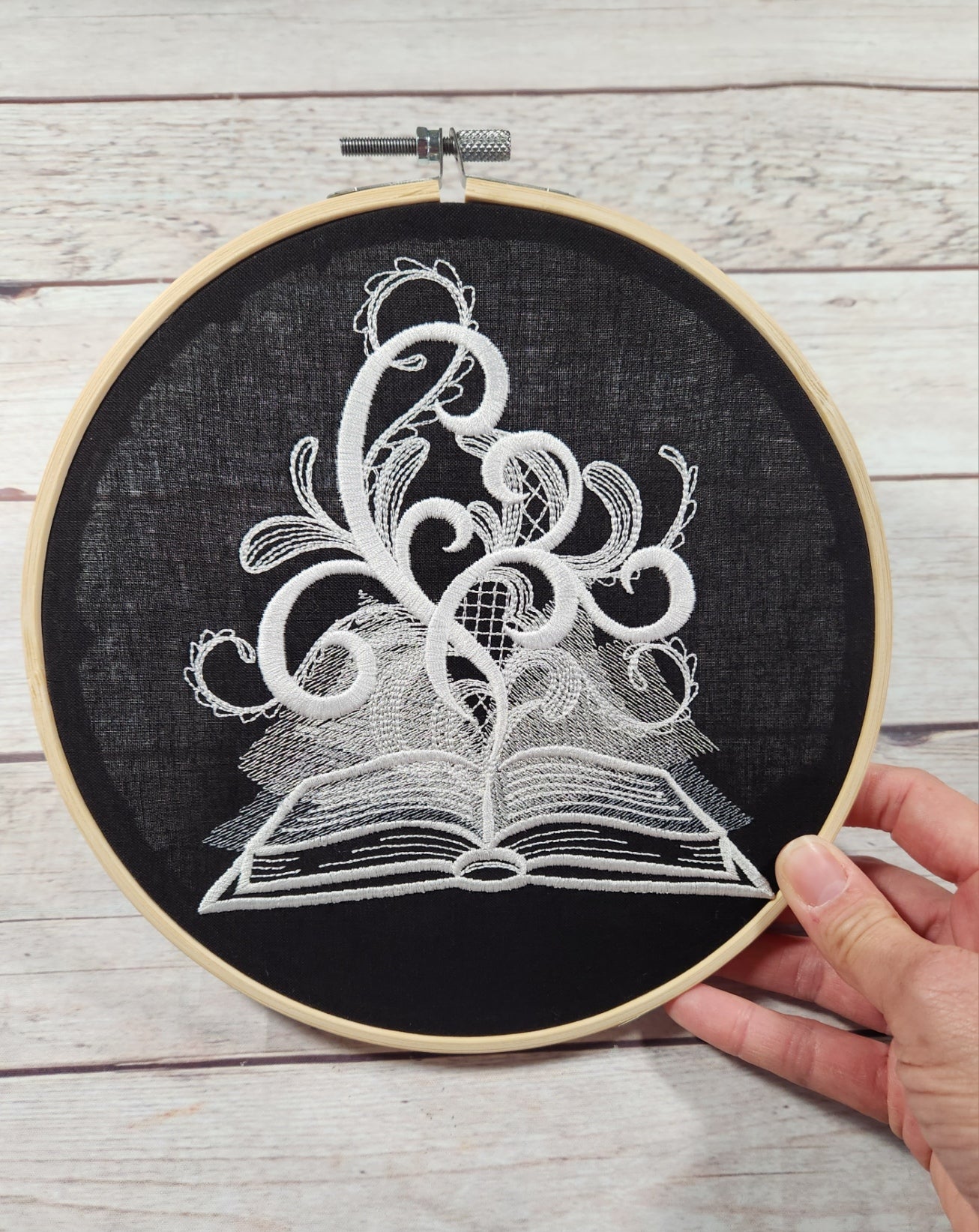 Finished Embroidery, 8 inch Hoop, Spooky Book Hoop,  Halloween Wall Art, Halloween Hoop, Fall Decor, Spooky Wall Art