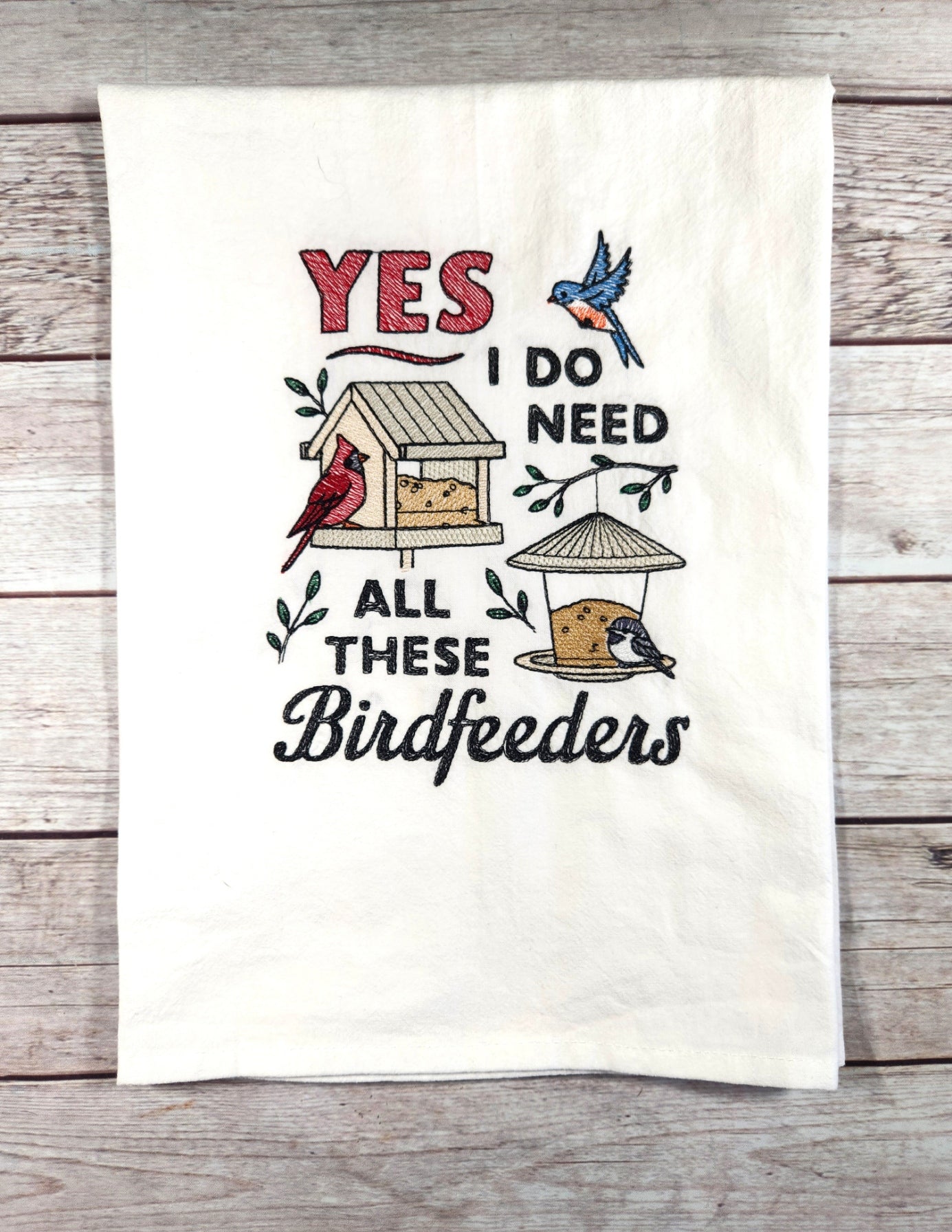 Funny Birdfeeder Embroidered Dish Towel, Bird Flour Sack Towel, Gift for Bird Lover