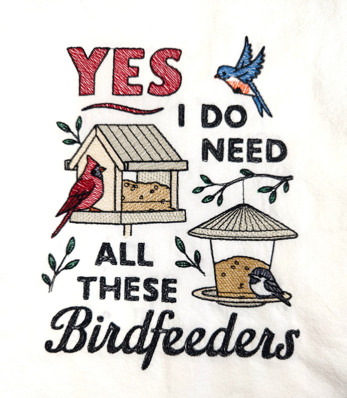 Funny Birdfeeder Embroidered Dish Towel, Bird Flour Sack Towel, Gift for Bird Lover