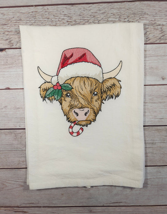 Christmas Cow Tea Towel, Highland Cow Decor, Embroidered Dish Towel, Flour Sack Tea Towel, Kitchen Tea Towel