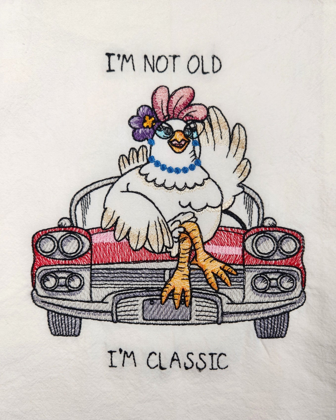 Funny chicken Tea Towel, Flour Sack Towel, Embroidered Towel, Funny Dish Towel