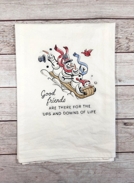 Snowman Tea Towel, Embroidered Dish Towel, Flour Sack Tea Towel, Kitchen Tea Towel, Funny Snowman kitchen towel