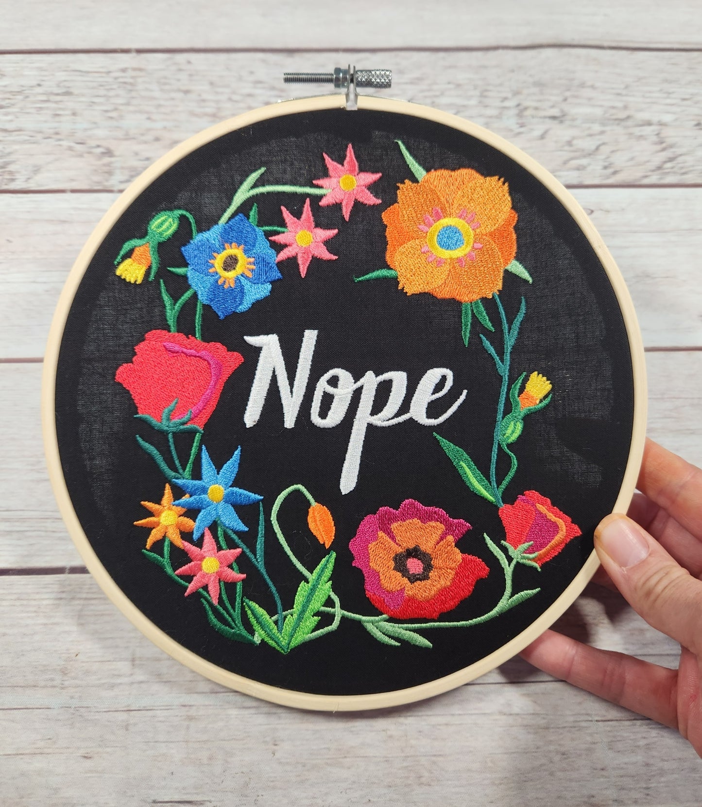 Funny Wall Decor, Nope Embroidered hoop art, 8 inch hoop, Finished Embroidery, Sarcastic Wall Hoop