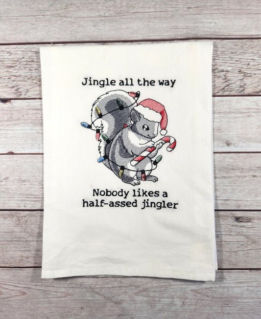 Squirrel Christmas Dish Towel, Embroidered Dish Towel, Flour Sack Tea Towel, Kitchen Tea Towel, Funny Squirrel Decor,
