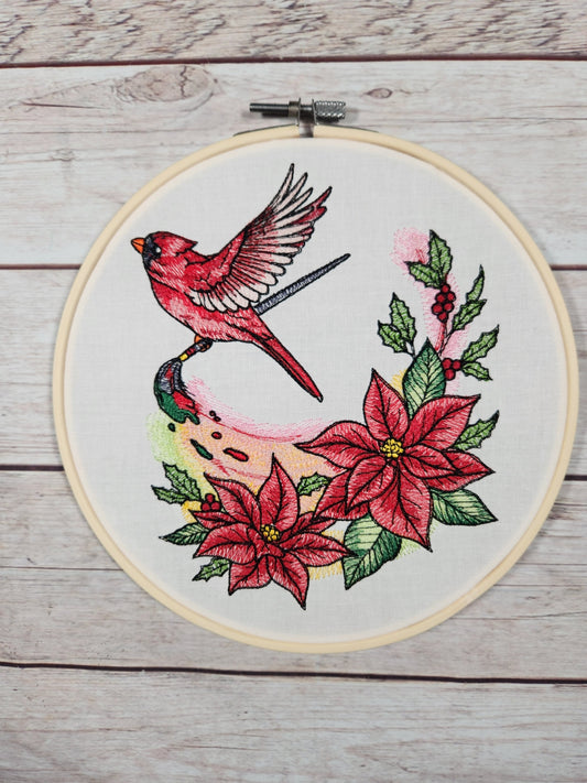 Cardinal Wall Decor, Christmas Wall Art, Ready to Hang, Embroidered Wall Art, 8 inch hoop Embroidery, Winter Decoration, Finished Embroidery