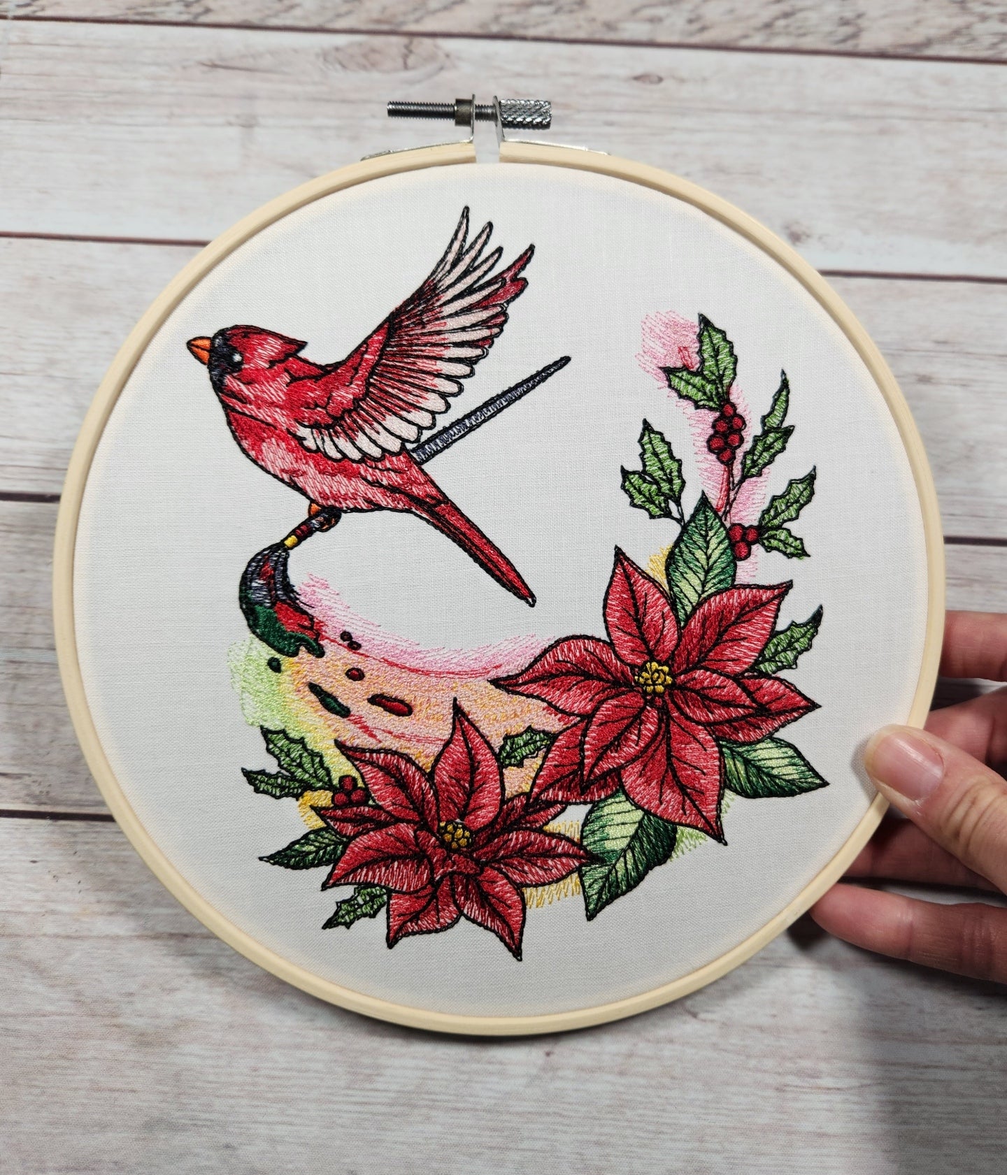 Cardinal Wall Decor, Christmas Wall Art, Ready to Hang, Embroidered Wall Art, 8 inch hoop Embroidery, Winter Decoration, Finished Embroidery