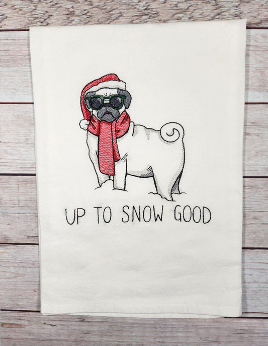 Funny Pug Christmas Dish Towel, Dog Tea Towel, Flour Sack Towel, Kitchen Tea Towel, Embroidered Towel