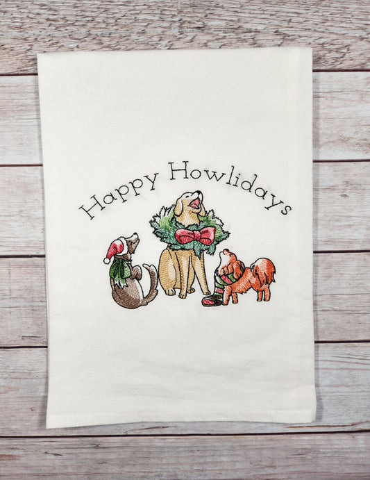 Funny Dogs Christmas Dish Towel, Dog Tea Towel, Flour Sack Towel, Kitchen Tea Towel, Embroidered Towel