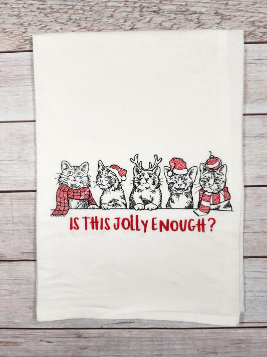 Funny Christmas Cat Towel, Embroidered Dish Towel, Christmas Tea Towel, Flour Sack Tea Towel, Cat Tea Towel, Cat Decor