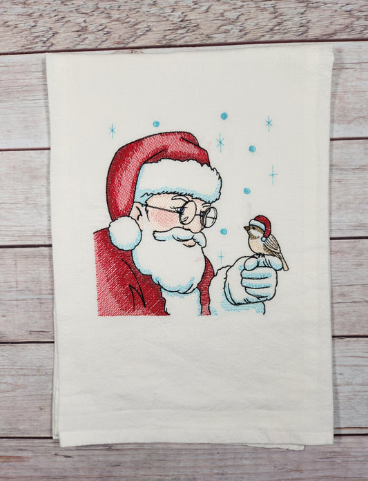 Santa Claus Towel, Christmas Tea Towel, Embroidered Dish Towel, Winter Flour Sack Tea Towel, Kitchen Tea Towel, Santa Kitchen Decor