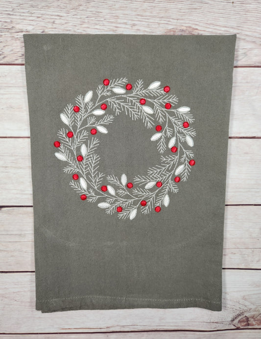 Christmas Wreath Dish Towel, Christmas Decor, Embroidered Dish Towel, Kitchen Tea Towel, Wreath Tea towel, Winter Decor