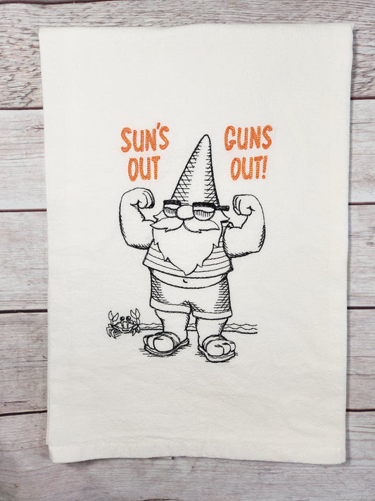 Gnome Tea Towel, Flour Sack Towel, Funny Dish Towel, Summer Decor, Embroidered Dish Towel