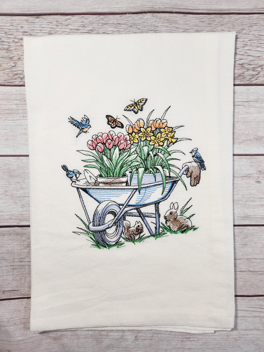 Flower Tea Towel, Flour Sack Towel, Summer Towel, Spring Decor, Embroidered Dish Towel