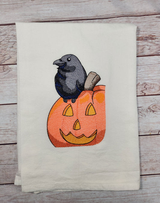 Halloween Decor, Raven Tea Towel, Embroidered Kitchen Towel, Flour Sack Towel, Halloween Dish Towel