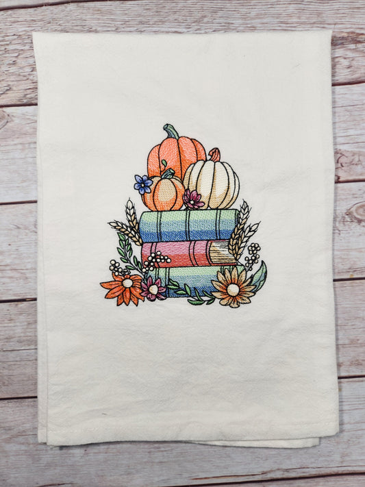 Fall Tea Towel, Embroidered Kitchen Towel, Flour Sack Towel, Pumpkin Dish Towel, Cozy Fall Tea Towel
