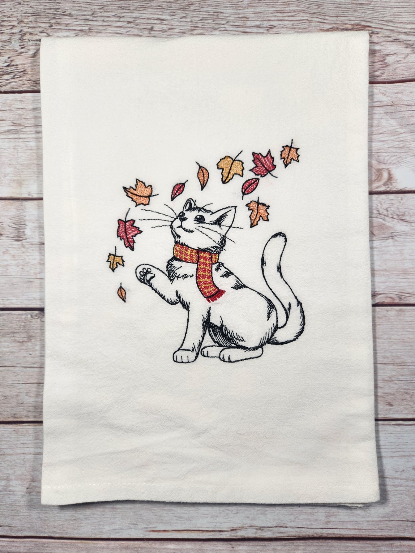 Fall Cat Tea Towel, Embroidered Kitchen Towel, Flour Sack Towel,  Autumn Dish Towel, Cozy Fall Tea Towel
