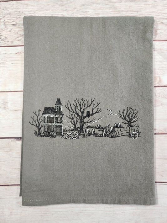 Halloween Decor, SpookyTea Towel, Embroidered Kitchen Towel, Flour Sack Towel, Halloween Dish Towel