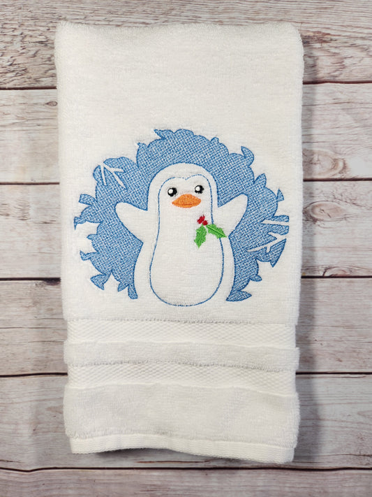 Embroidered Embossed Style Penguin Hand Towel Christmas Decor