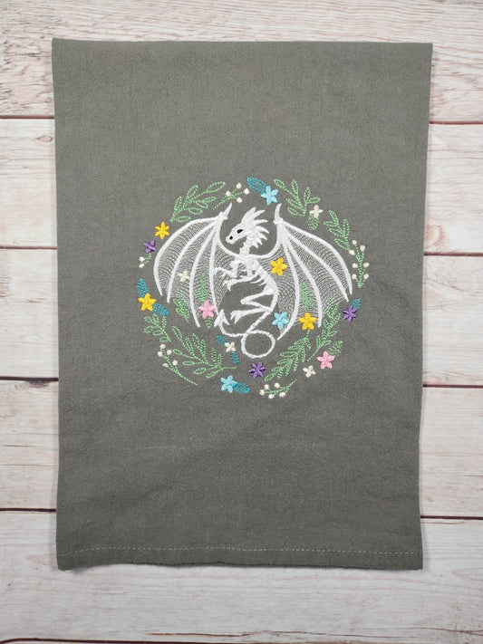 Embroidered Halloween Tea Towel, Dragon Halloween Decor, Flour Sack Towel, Cotton Dish Towel, Housewarming Gift