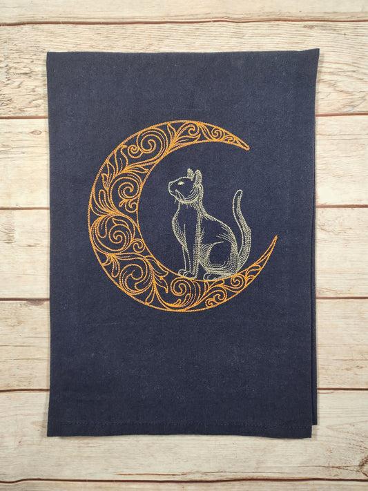 Embroidered Cat Halloween Tea Towel, Halloween Decor, Flour Sack Towel, Cotton Dish Towel, Housewarming Gift)