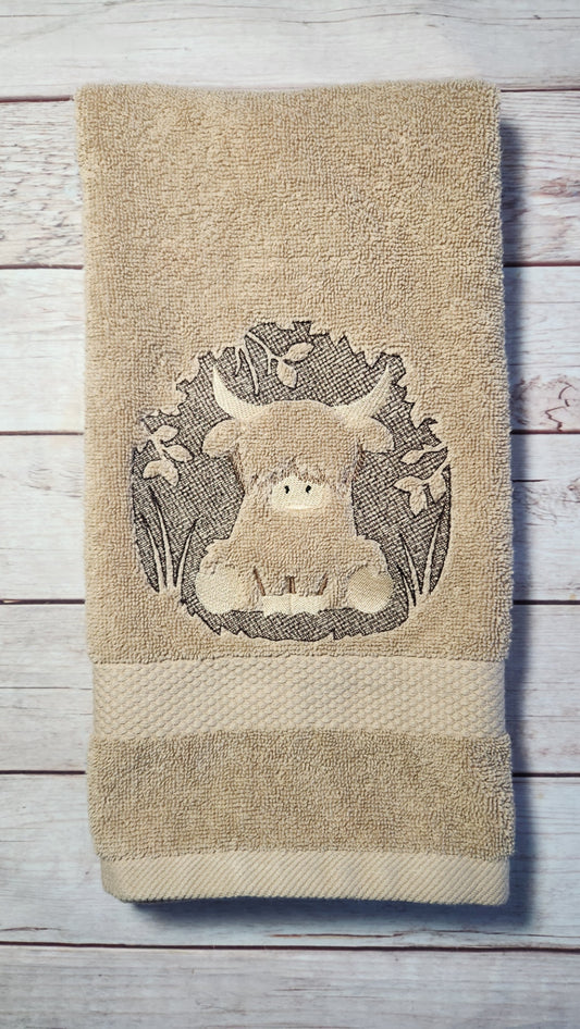 Highland Cow Hand Towel, Embroidered Bathroom Decor (16"x30") , Embossed Design