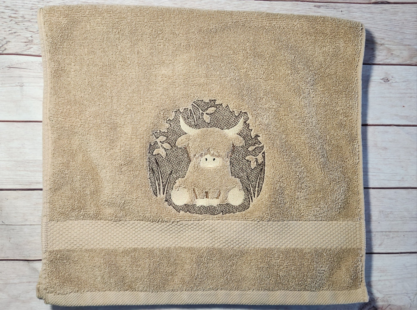 Highland Cow Hand Towel, Embroidered Bathroom Decor (16"x30") , Embossed Design