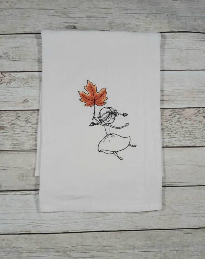 Embroidered Fall Flour Sack Towel, Autumn Girl with Leaf