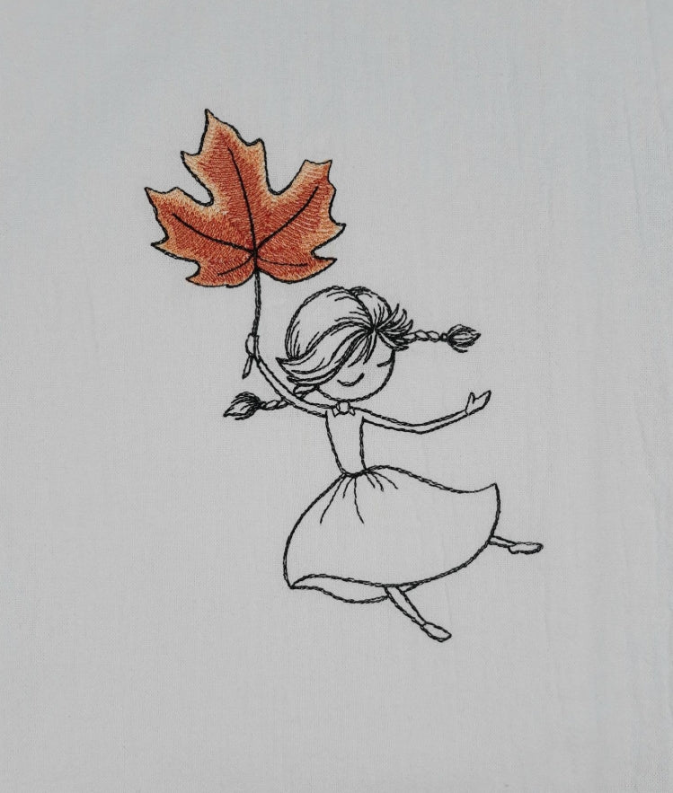 Embroidered Fall Flour Sack Towel, Autumn Girl with Leaf