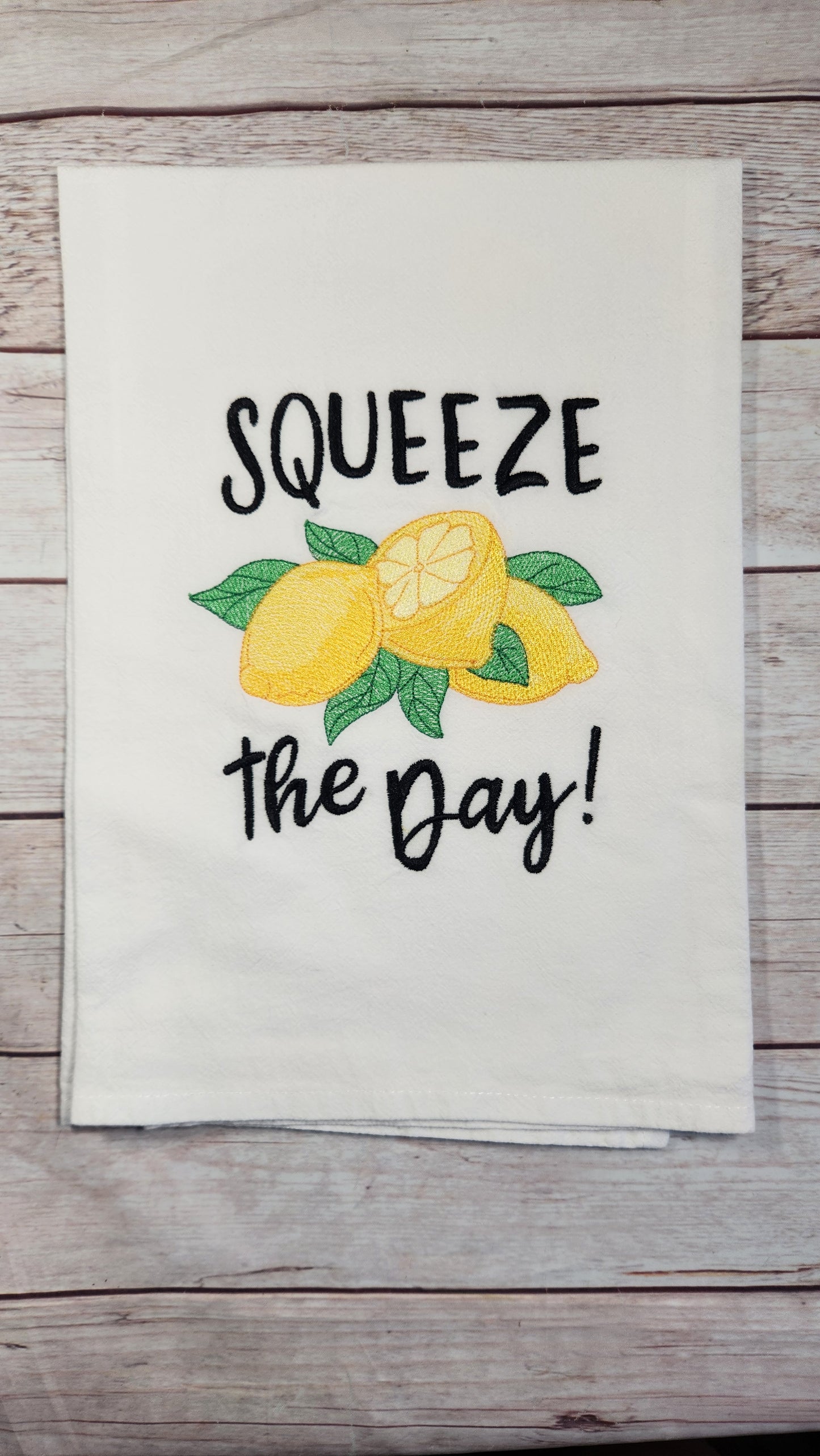 Squeeze the Day Embroidered Flour Sack Tea Towel