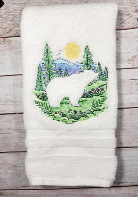 Embroidered bear and scenery embossed style hand towel