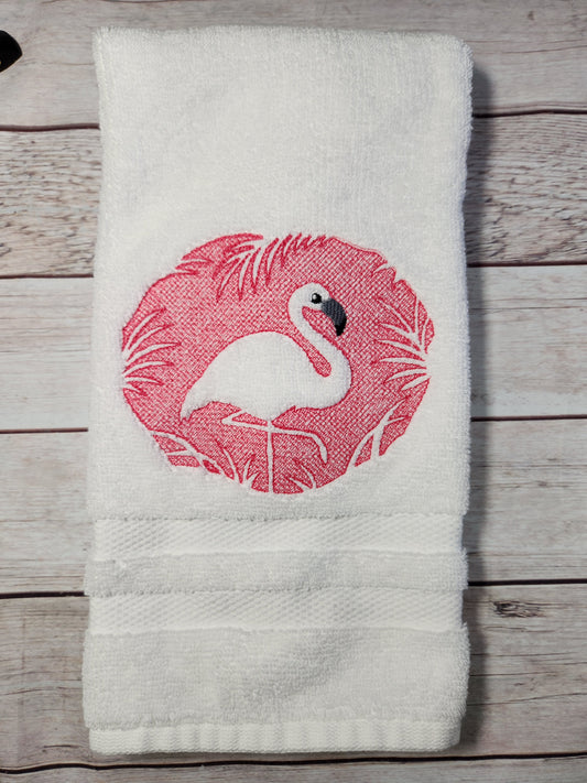 Embroidered Flamingo embossed style hand towel