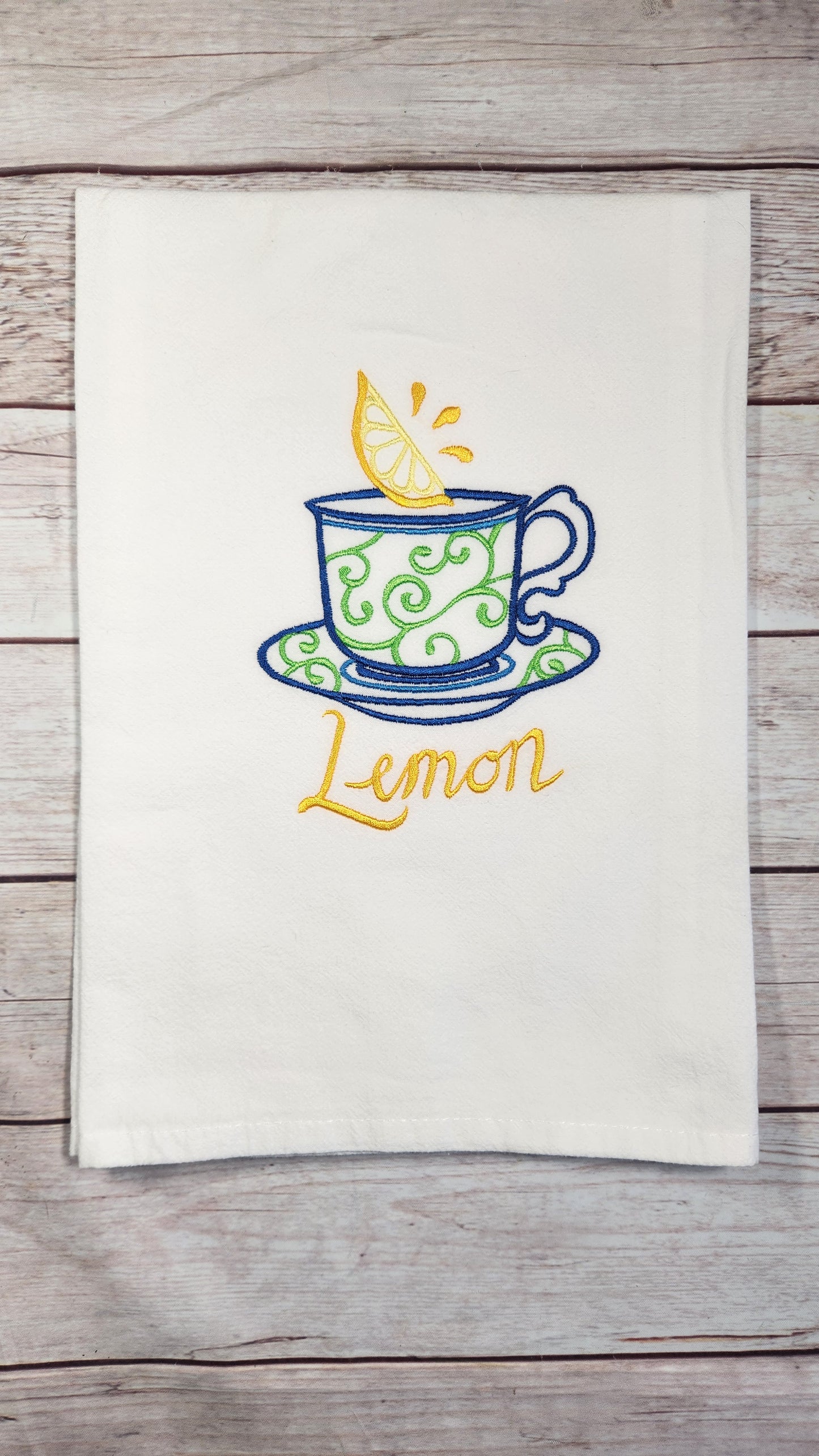 Lemon Tea Cup Embroidered Flour Sack Tea Towel