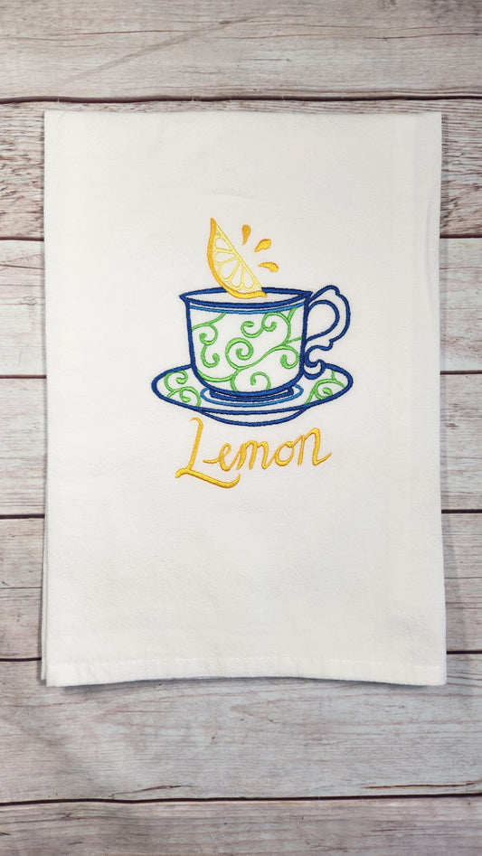 Lemon Tea Cup Embroidered Flour Sack Tea Towel