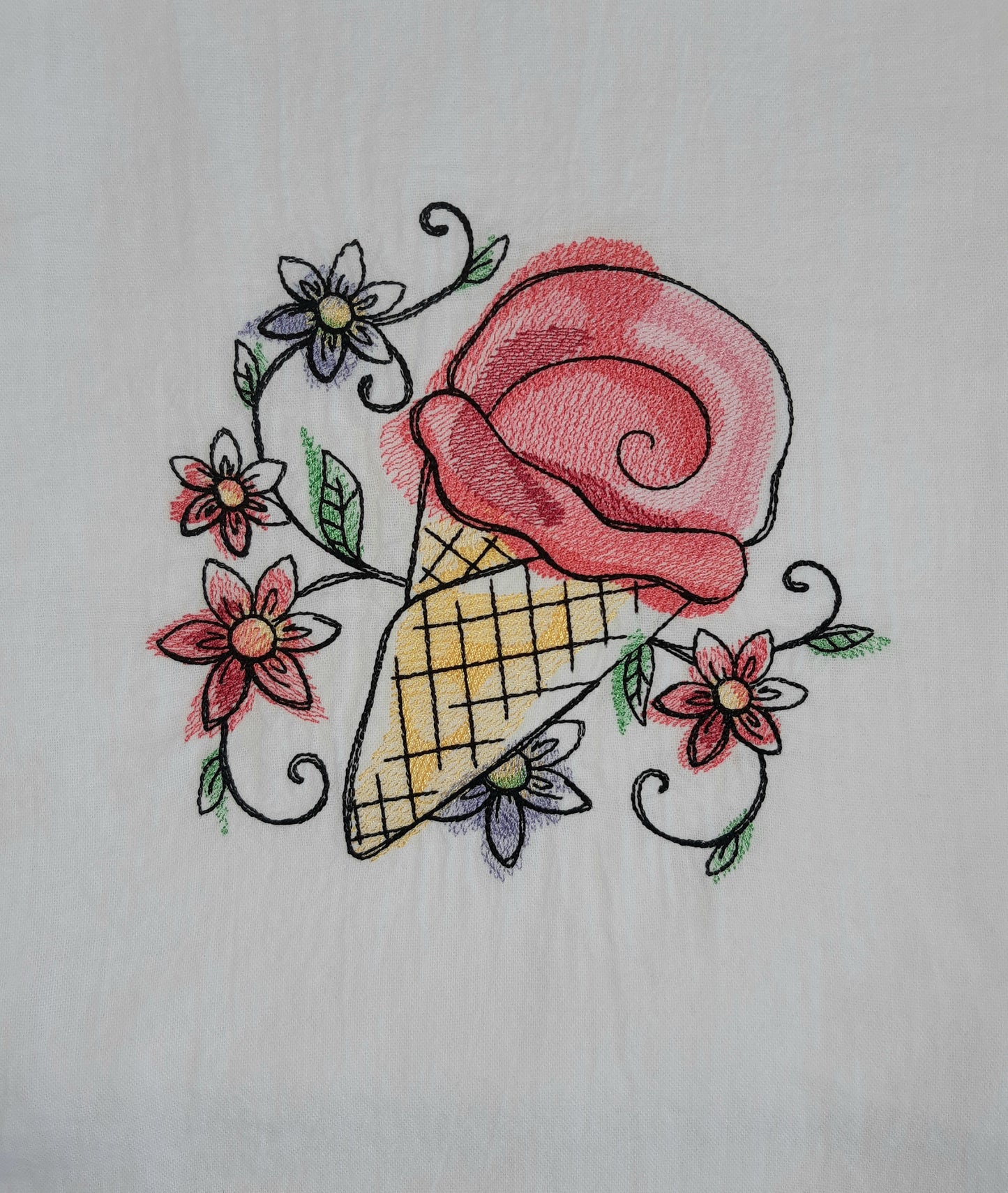 Embroidered Flour Sack Towel, Ice Cream Tea Towel