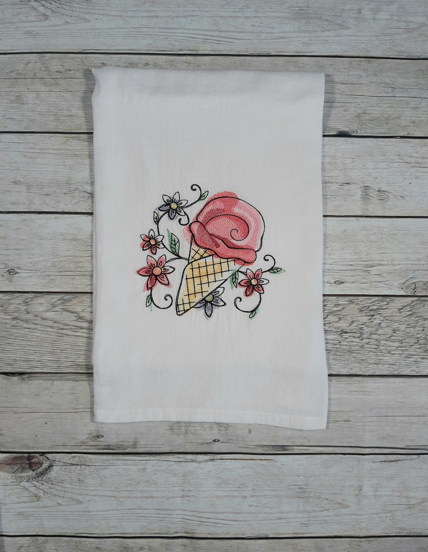 Embroidered Flour Sack Towel, Ice Cream Tea Towel