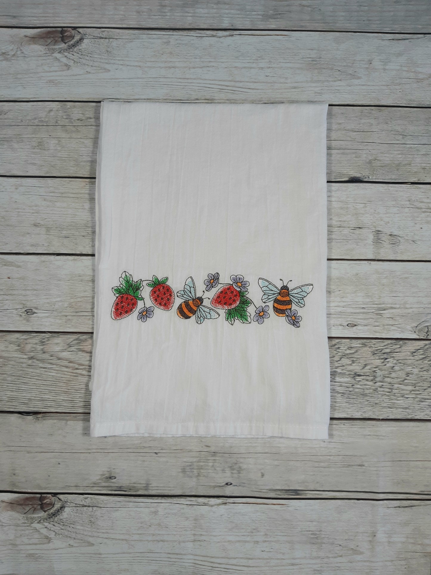 Bee and Strawberry Flour Sack Towel, Embroidered Tea Towel