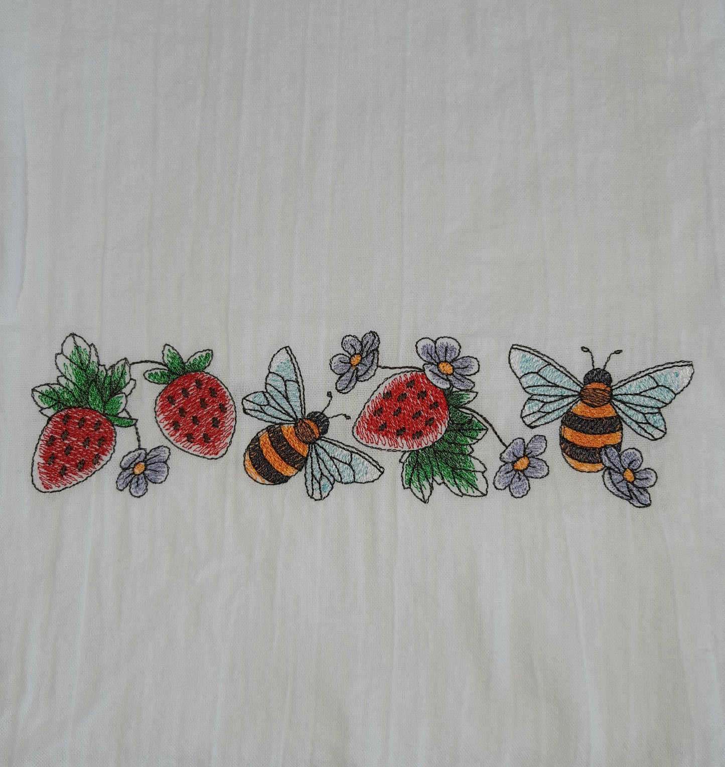 Bee and Strawberry Flour Sack Towel, Embroidered Tea Towel