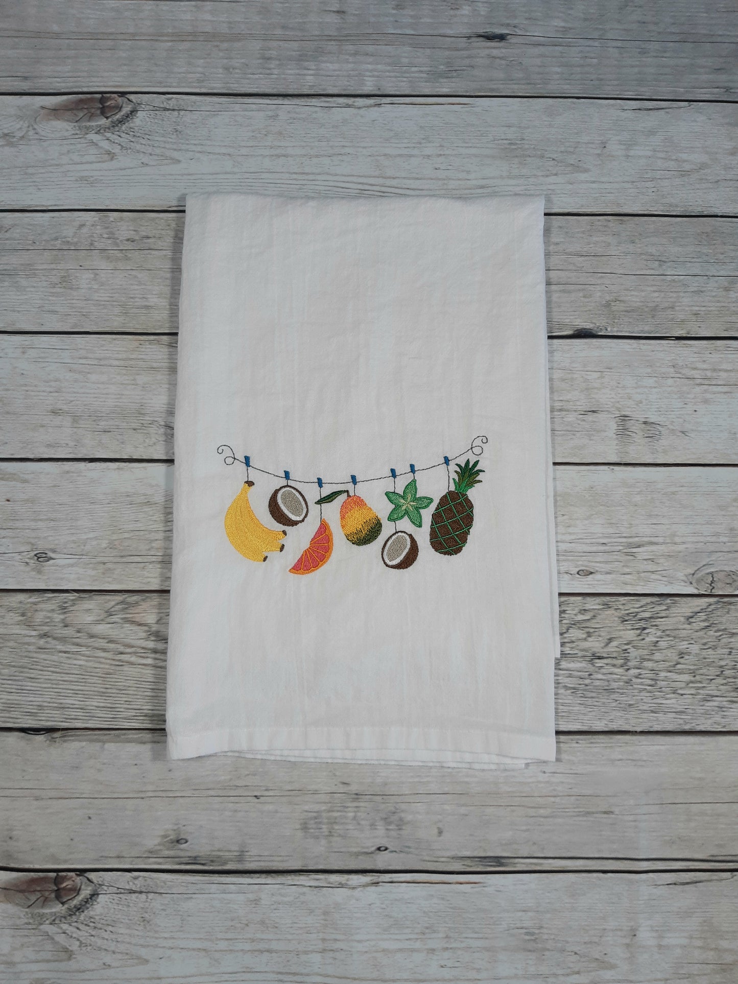 Tropical Tea Towel, Embroidered Tropical Fruit Flour Sack Towel