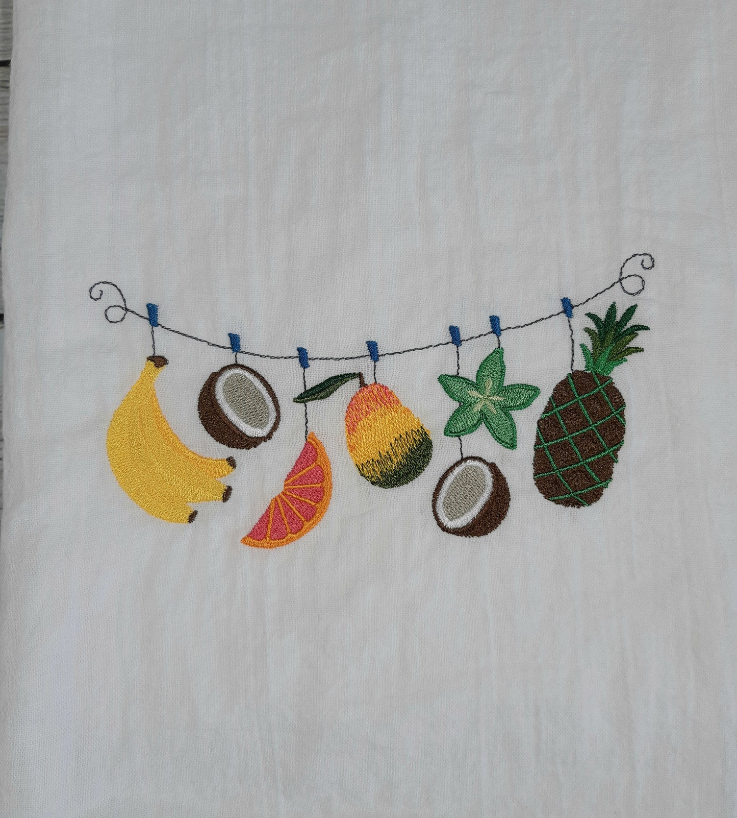 Tropical Tea Towel, Embroidered Tropical Fruit Flour Sack Towel